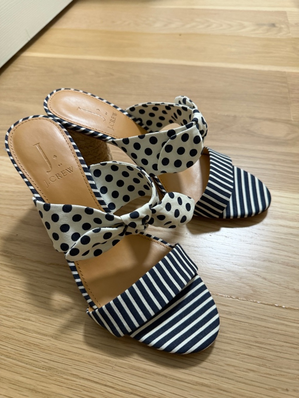 J. Crew Factory Navy and White Striped & Polka Dot Bow Slide Heels never worn